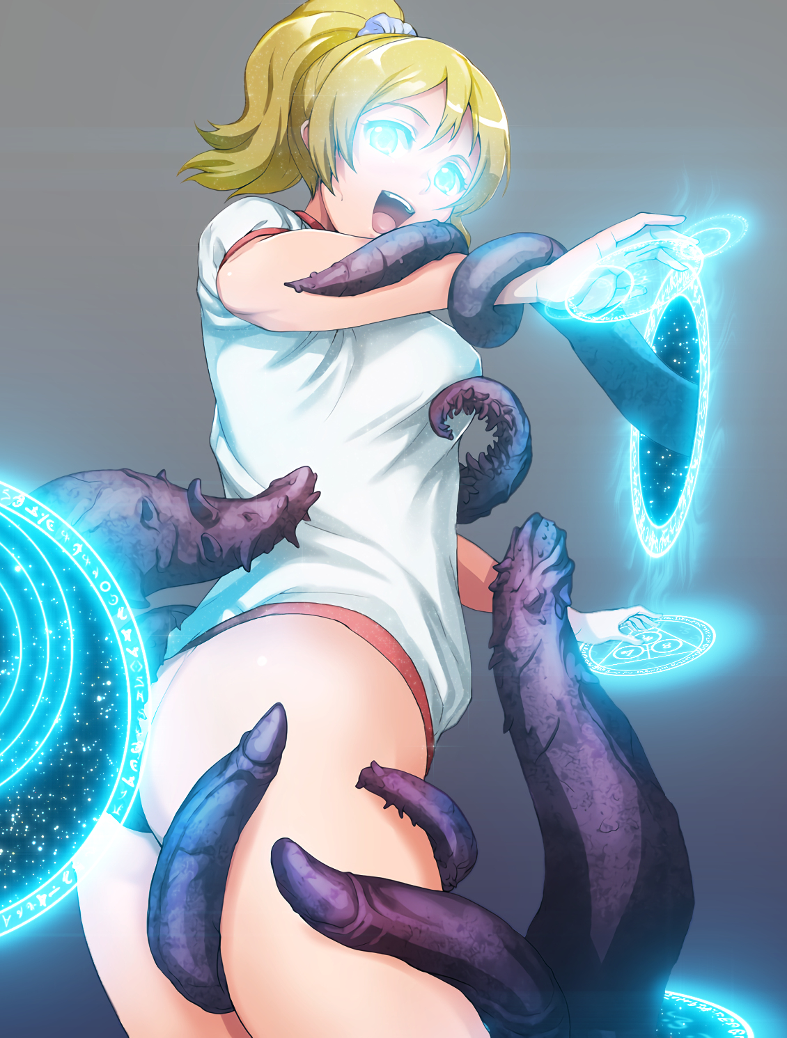 Clad in only a white gym shirt, Eli summons a pair of blue-glowing magic circles matching her eyes, floating before her hands like controls of some sort.  Three portals open up, leading into deep space.  She looks delighted as several tentacles emerge through the portals, coiling around her arm, snaking up and between her legs.